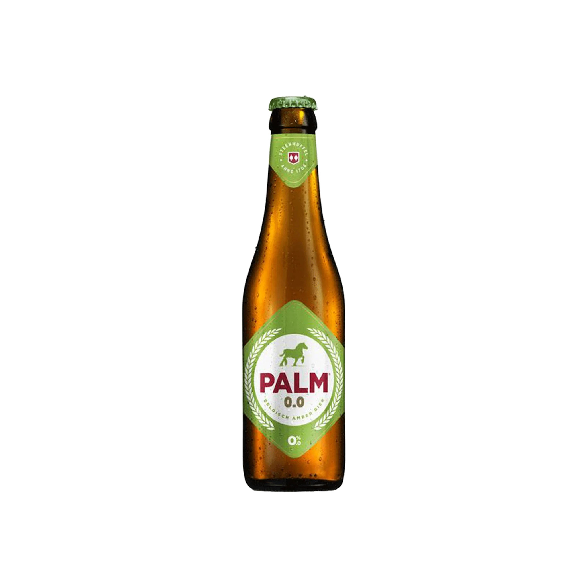 Palm 0.0 non-alcoholic beer with a distinctive amber color and a balanced flavor profile featuring hops from its own fields.