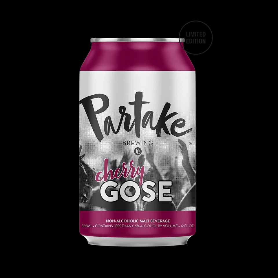 Image of Partake Brewing Cherry Gose, a refreshing alcohol-free beer with cherry, coriander, and sea salt flavors, offering a balanced sour taste.