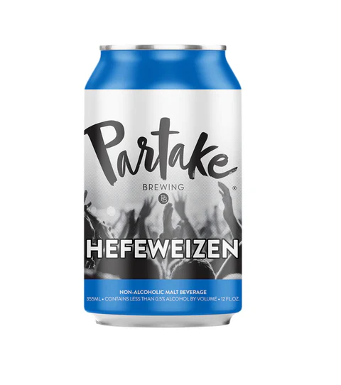 Partake Brewing Hefeweizen non-alcoholic beer featuring a crisp medium body with refreshing light fruit flavors and low calories