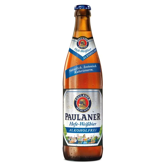 Paulaner Hefe-Weissbier Non-Alcoholic wheat beer showcasing a full-bodied, low-calorie, vitamin-enriched alcohol-free beverage