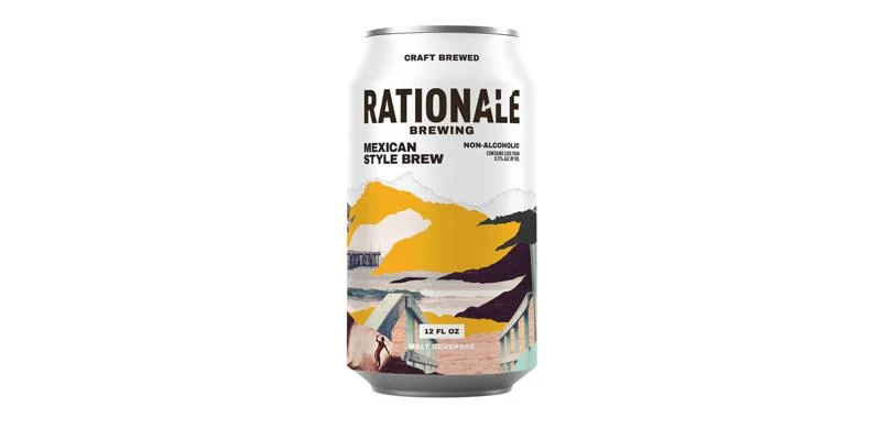 RationAle Mexican Cerveza non-alcoholic beer with refreshing Mexican lager flavor, crisp taste, and subtle spicy notes against plain background.