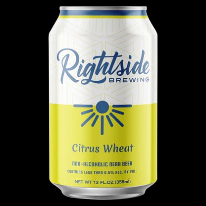 Rightside Brewing Citrus Wheat non-alcoholic beer featuring a golden orange color with citrus and wheat flavors, perfect for year-round refreshment