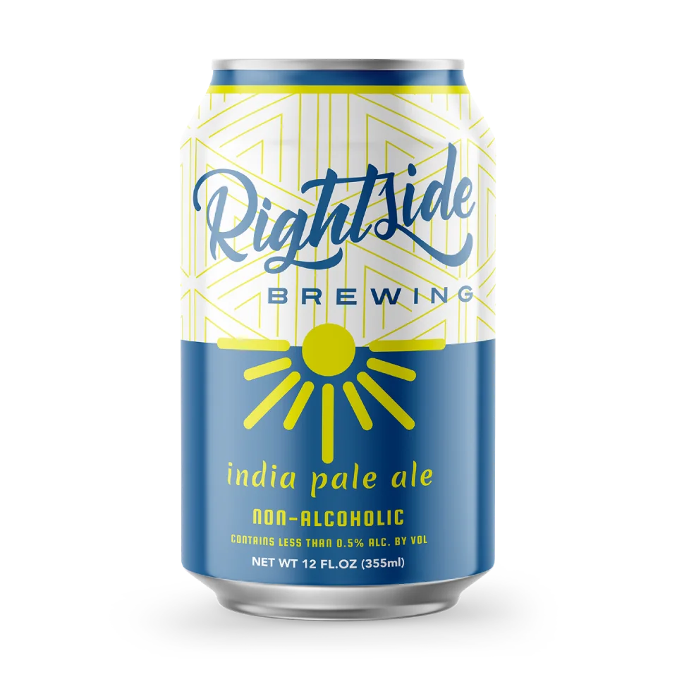 Rightside Brewing India Pale Ale non-alcoholic beer with vibrant tropical fruit and piney hop aroma in a light golden to orange hue
