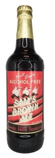 Samuel Smith's Sam's Brown Ale non-alcoholic beer with deep brown color and mahogany highlights, creamy off-white head, malt-forward aroma.