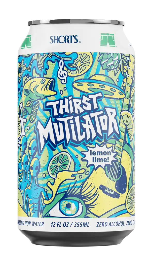 Thirst Mutilator Sparkling Hot Water by Short's Brewing and Billy Strings featuring citrusy hop-infused zero-alcohol beverage