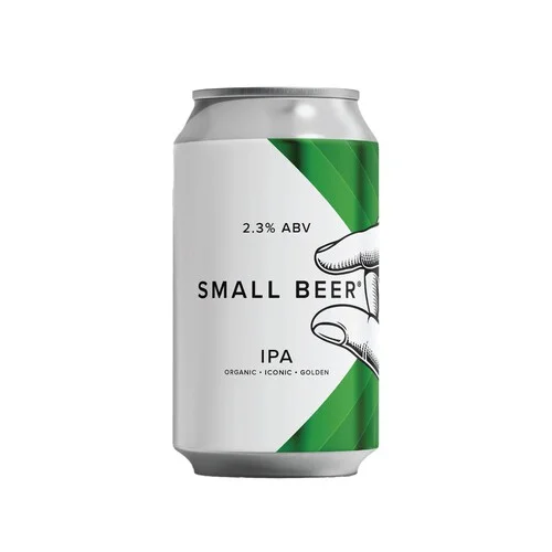 Small Beer Hazy IPA non-alcoholic beer featuring juicy tropical fruit flavors and a light refreshing haze with low-calorie content