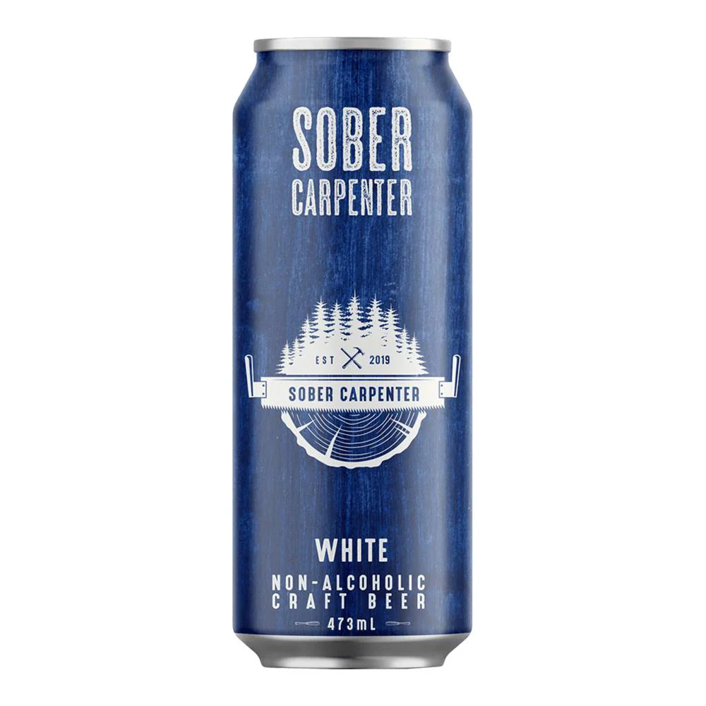 Sober Carpenter Belgian White Ale non-alcoholic beer with a rich, hazy body and balanced orange, coriander, and wheat aromas on plain background
