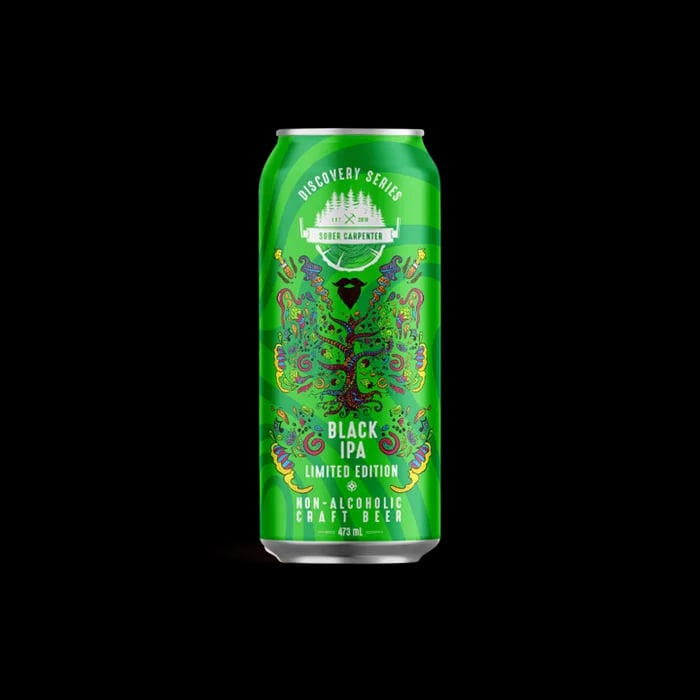 Sober Carpenter Black IPA non-alcoholic beer with rich dark malt and citrus hop profile on a plain background