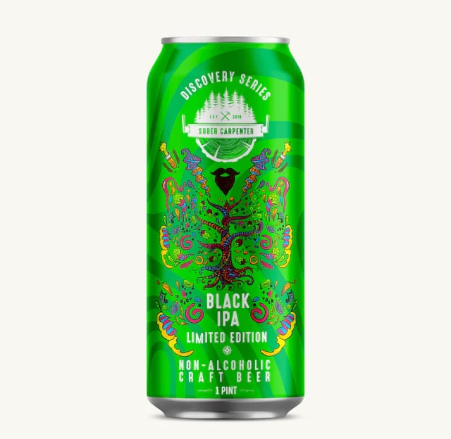 Sober Carpenter Discovery Series Black IPA non-alcoholic beer showcasing a unique blend of hoppy citrus and dark malt flavors with less than 0.5% ABV