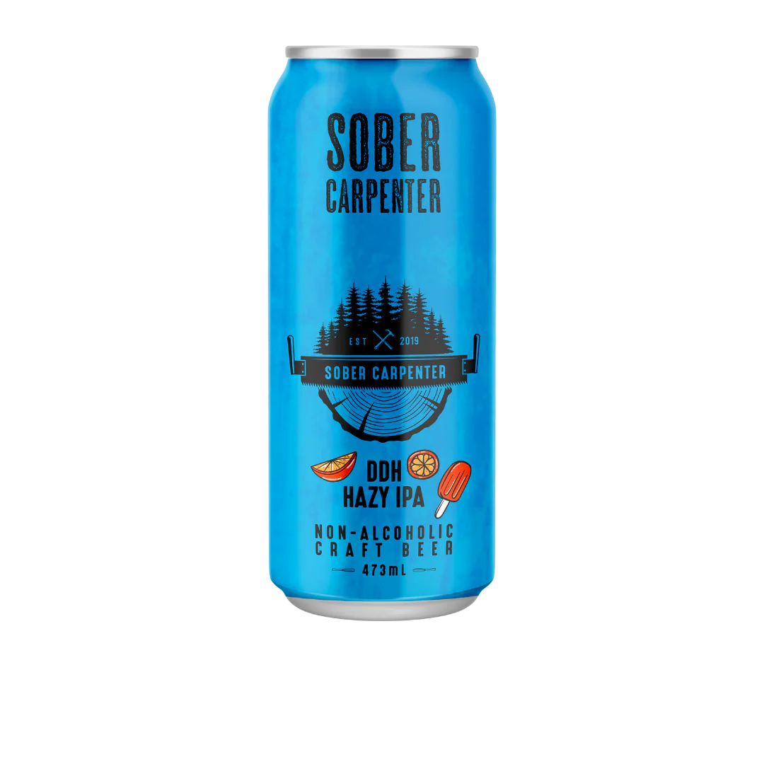 Sober Carpenter Hazy Double Dry Hopped IPA non-alcoholic beer with tropical and creamy vanilla orange flavor profile