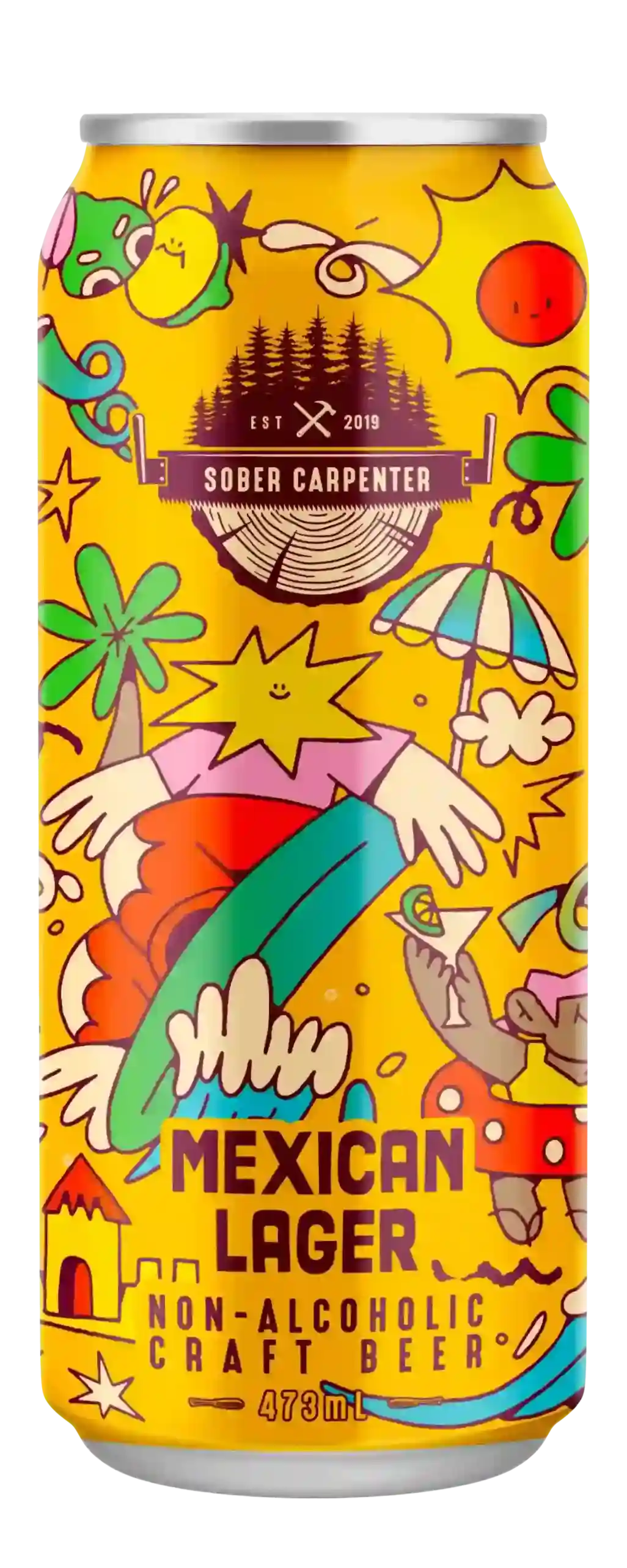Bright and refreshing Sober Carpenter Mexican Lager non-alcoholic beer with limited-edition artistic packaging and vibrant vacation vibes
