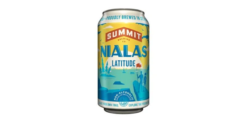 Summit Brewing Nialas Latitude Lager-Style non-alcoholic beer against plain background with malt-forward and crisp flavor profile