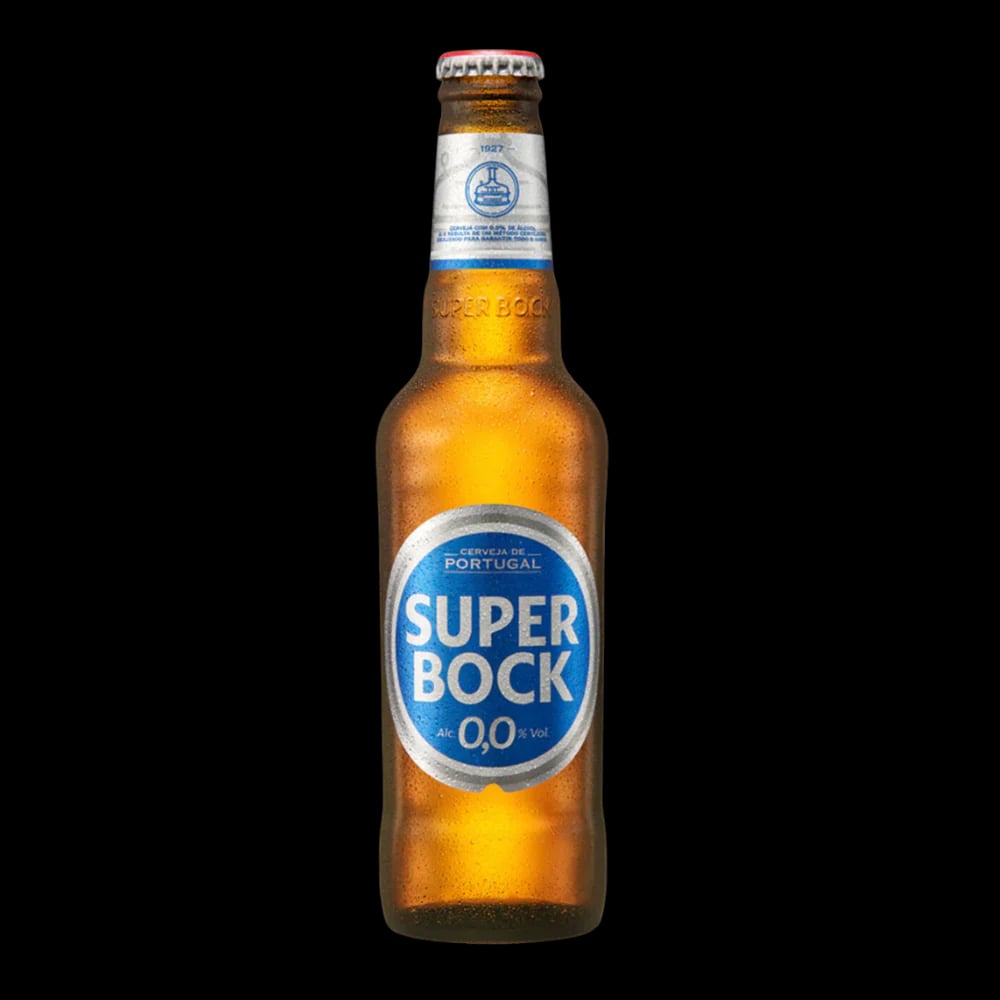 Super Bock Alcohol-Free Pilsner featuring a clear golden color with a creamy frothy head, a refreshing non-alcoholic beer option