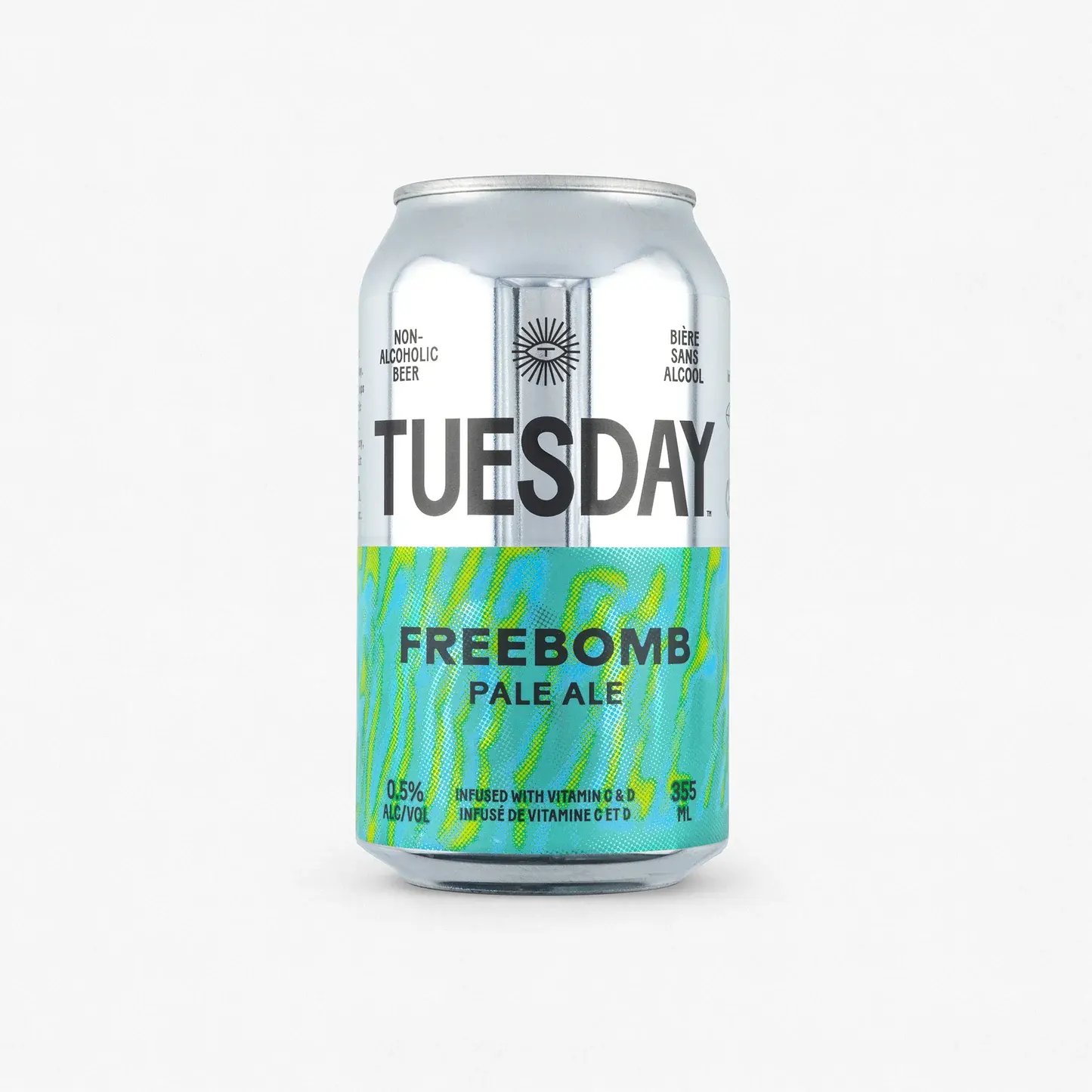 Tuesday Brewing Freebomb non-alcoholic pale ale showcasing a citrusy, floral, and tropical hop profile with added Vitamins C and D for refreshment