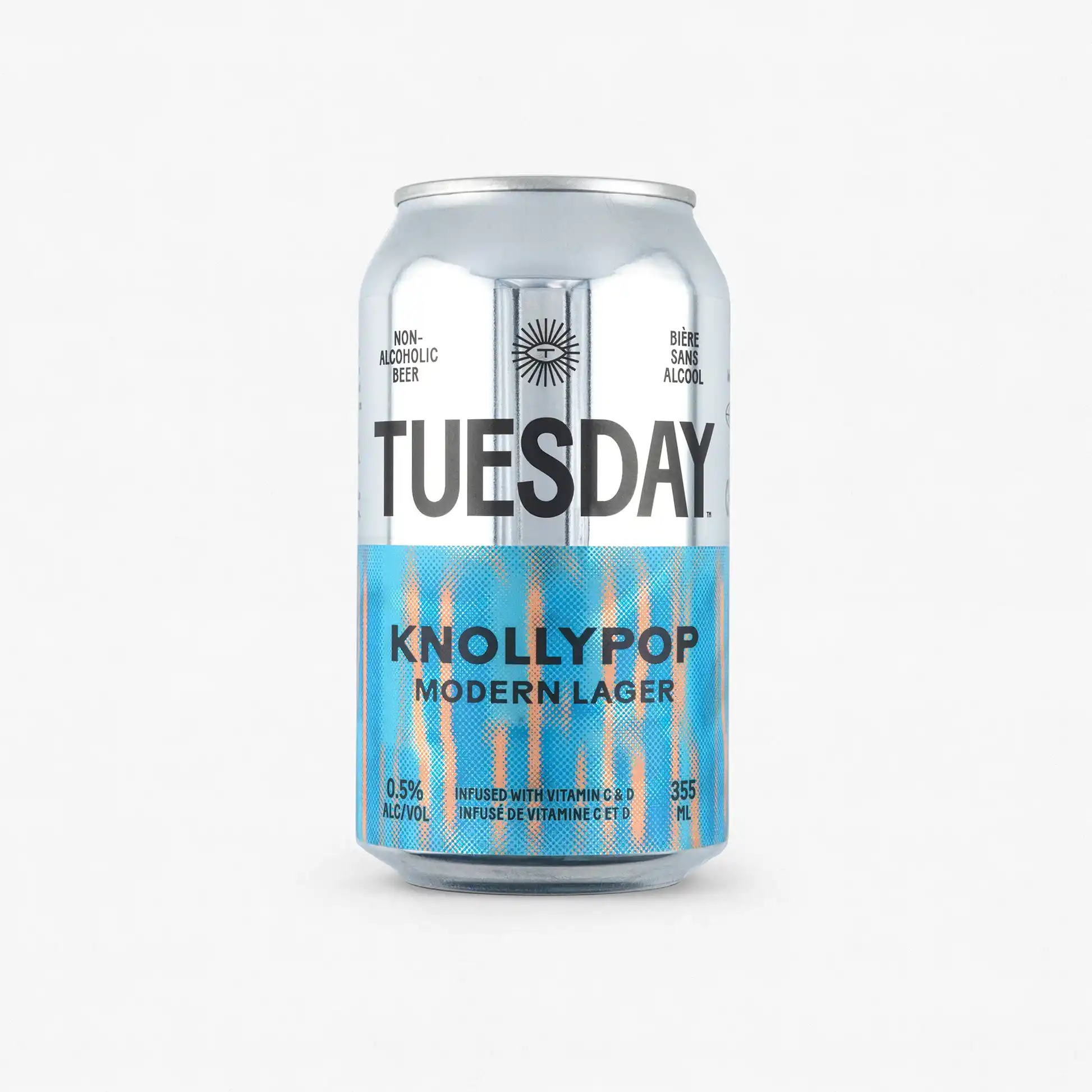 Knollypop Modern Lager by Tuesday Brewing, a bright and crisp non-alcoholic beer enriched with vitamins C and D, showcasing citrus and malt flavors