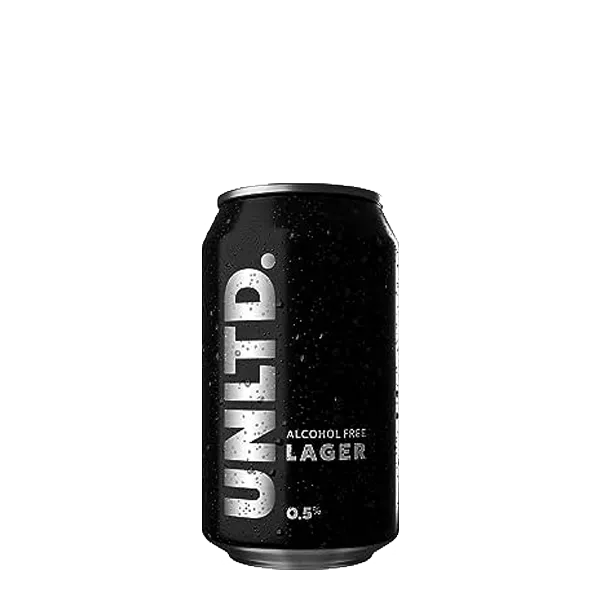 UNLTD. Lager non-alcoholic beer with crisp citrus and caramel notes, low calorie and under 0.5 percent alcohol by volume