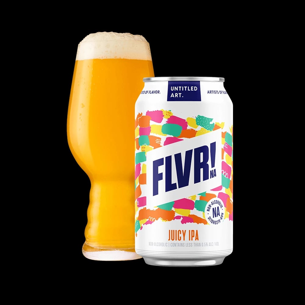 Packaging of Untitled Art FLVR! Juicy IPA non-alcoholic beer featuring vibrant artwork and showcasing a juicy, hop-forward IPA flavor profile