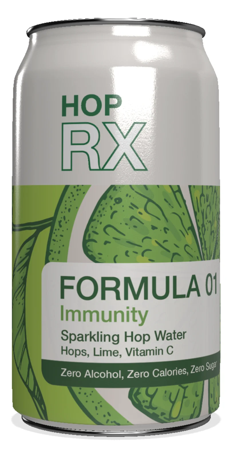 Hop Rx by Upland Brewing Company sparkling hop-infused water with lime flavor and vitamin C, zero alcohol and zero calories