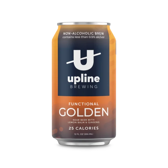 Functional Golden by Upline Brewing, a crisp, health-conscious non-alcoholic lager with lemon balm and ginseng, naturally supporting mood.