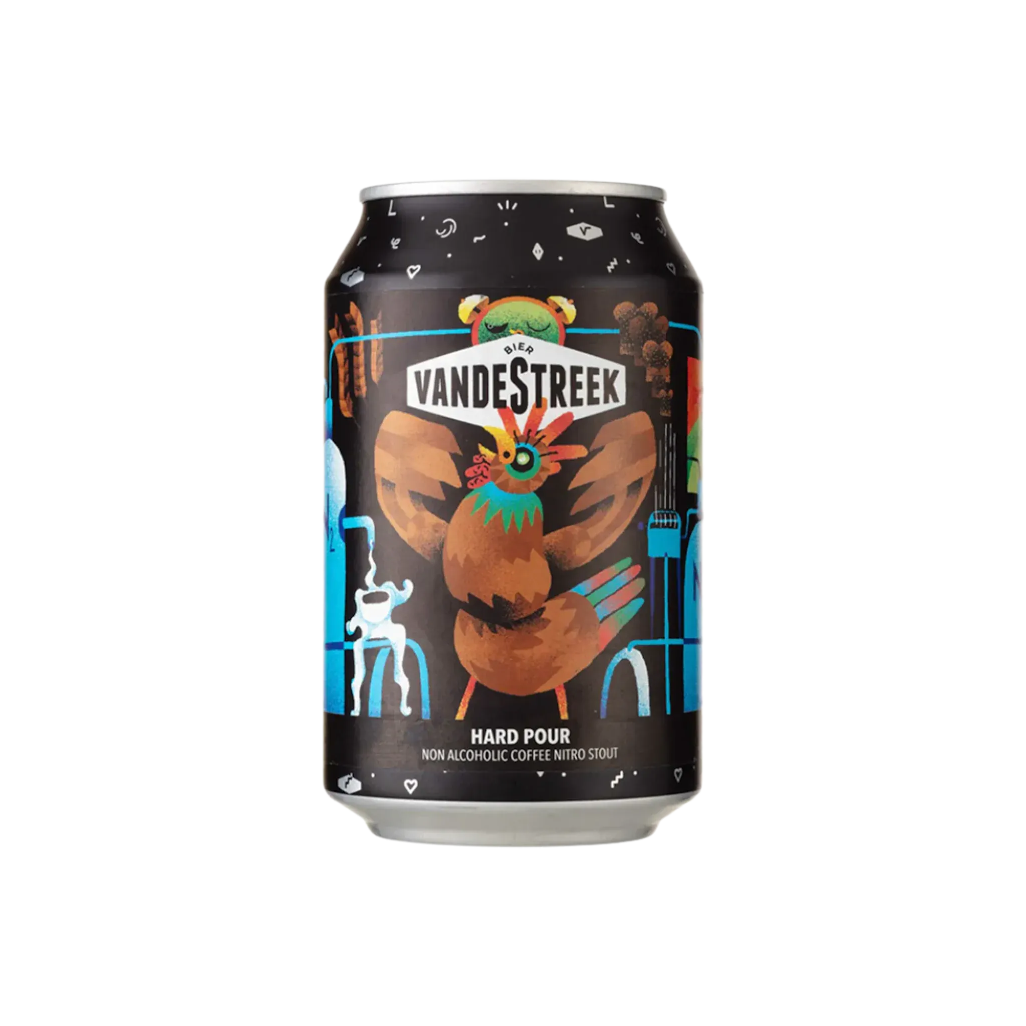 VandeStreek Hard Pour Coffee Nitro Stout non-alcoholic beer featuring nitrogen-infused creamy stout with coffee and cocoa flavors
