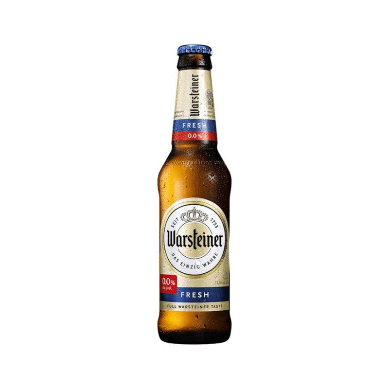 Warsteiner Premium Fresh 0.0 non-alcoholic beer with a pale golden color and refreshing pilsner taste on a plain background
