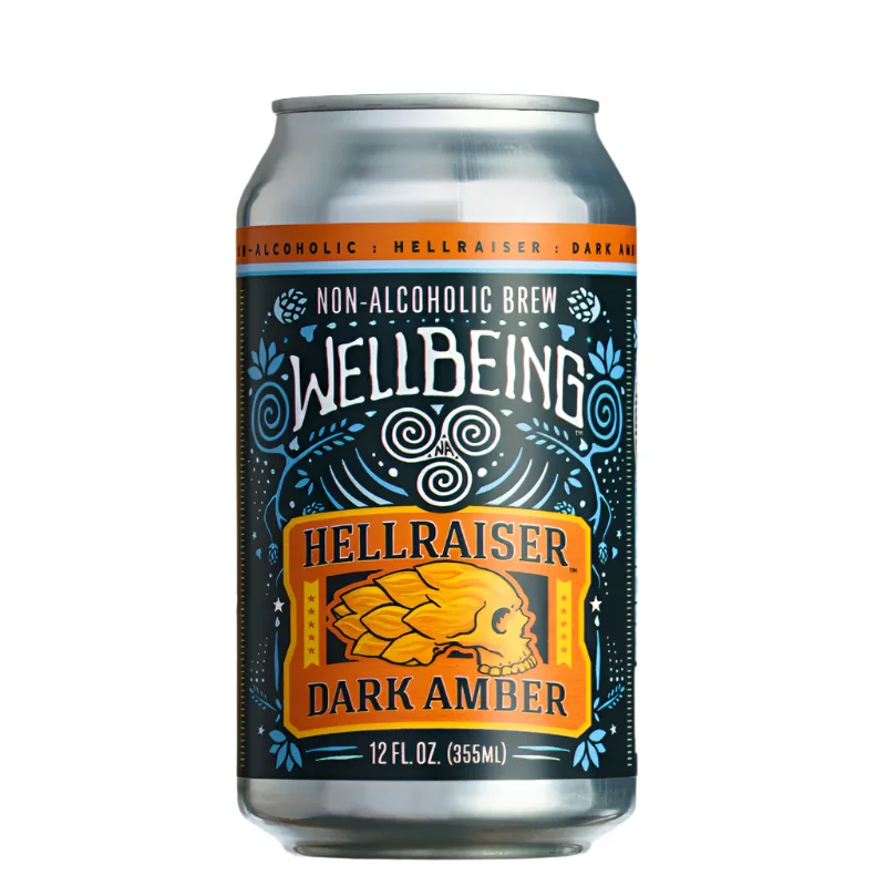 Hellraiser Dark Amber non-alcoholic beer featuring a deep amber color with caramel malt and spicy hop notes, ideal for a zero-alcohol beer option.