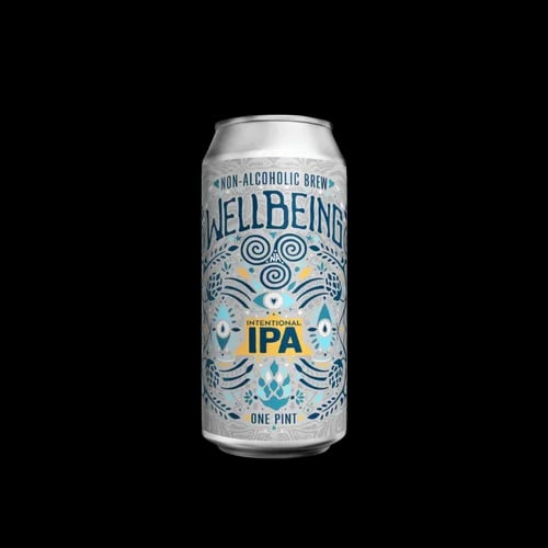 Image showing WellBeing Brewing Intentional IPA featuring bright pineapple and peach notes in a flavorful non-alcoholic beer with less than 0.3 percent alcohol.