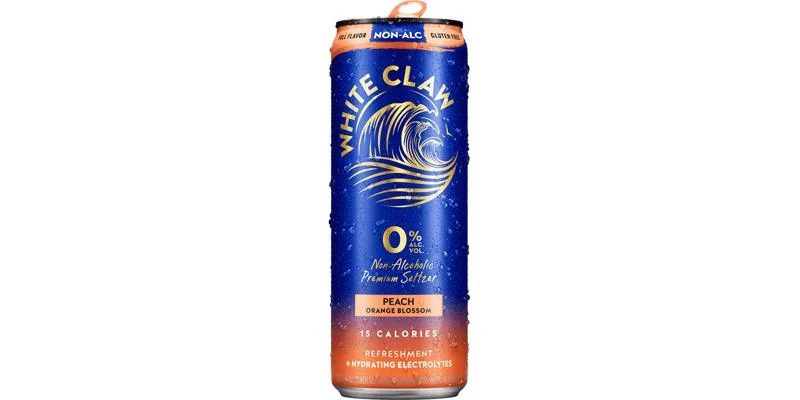 White Claw Peach Orange Blossom Zero Proof non-alcoholic beer with natural peach flavors and subtle orange blossom floral notes