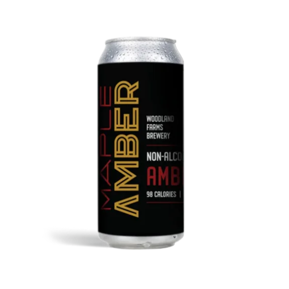 Woodland Farms Brewery Maple Amber non-alcoholic beer featuring amber ale style and Maine maple syrup, perfect for zero-alcohol beer lovers