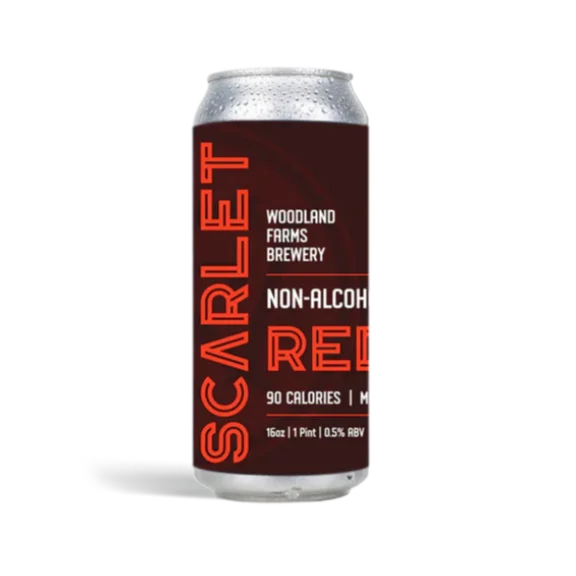 Scarlet non-alcoholic red ale by Woodland Farms Brewery showcasing rich malt character and distinctive melanoidin flavor