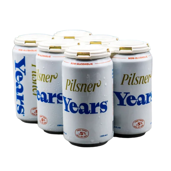 Years Pilsner non-alcoholic beer showcasing a crisp, pure pilsner brewed with water, barley, hops, and yeast for a clean, refreshing finish